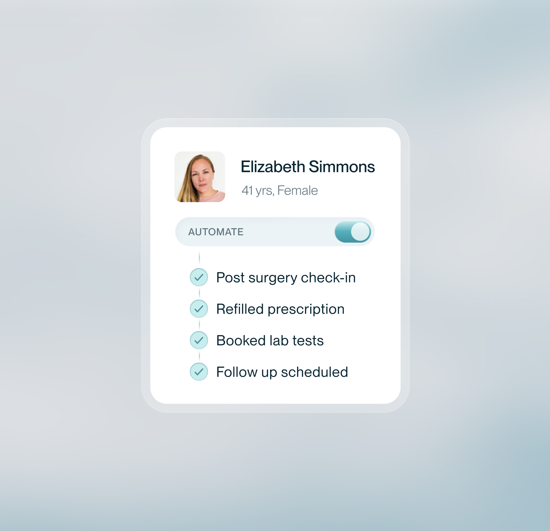 Patient detail card for Elizabeth Simmons with an Automate toggle and four task rows: post surgery check-in, refilled prescription, booked lab tests, follow up scheduled.