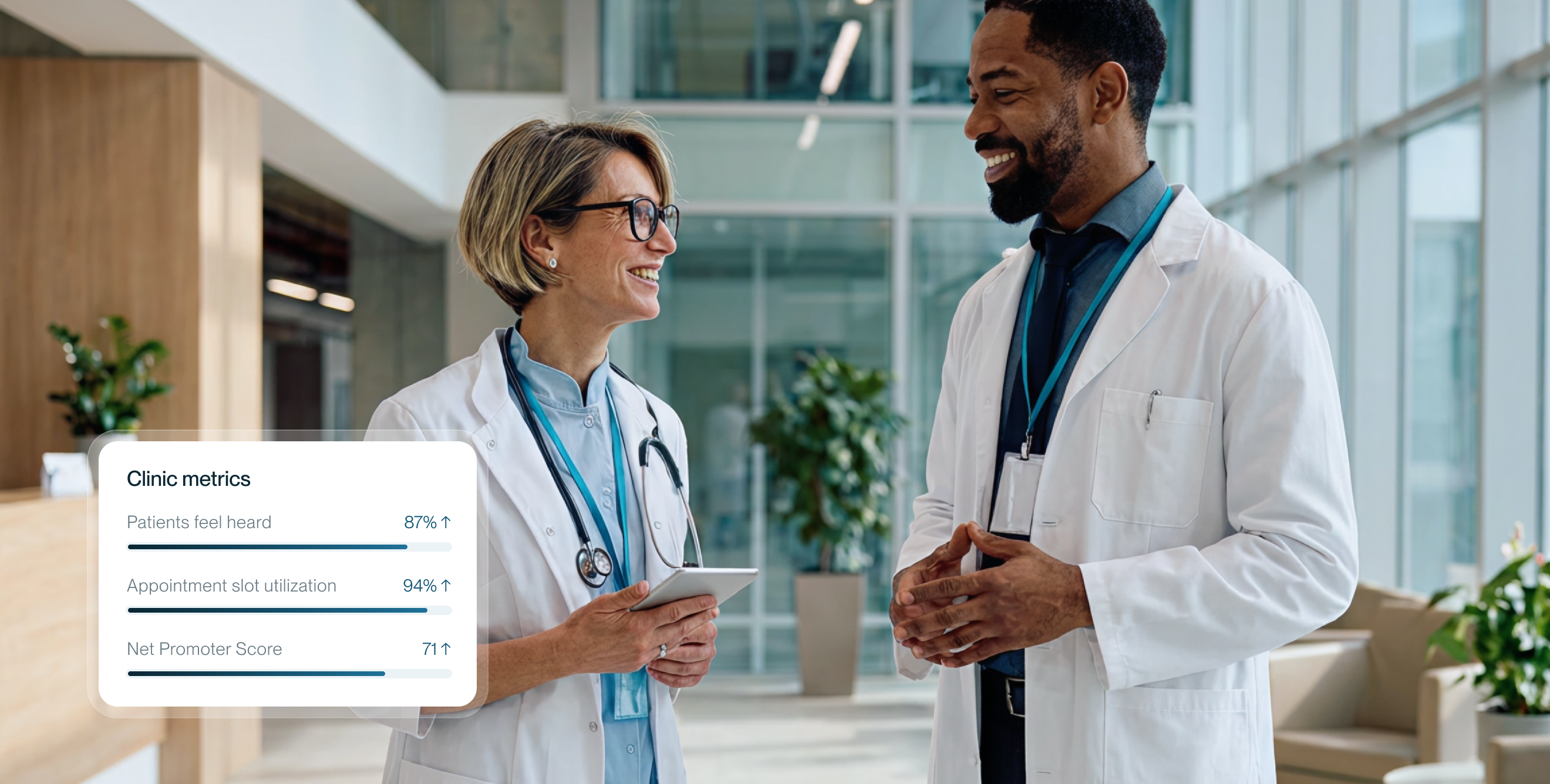 Two clinicians chatting in a clinic hallway with a Clinic Metrics card overlay showing high progress bars for Patients feel heard, Appointment slot utilization, and Net Promoter Score.
