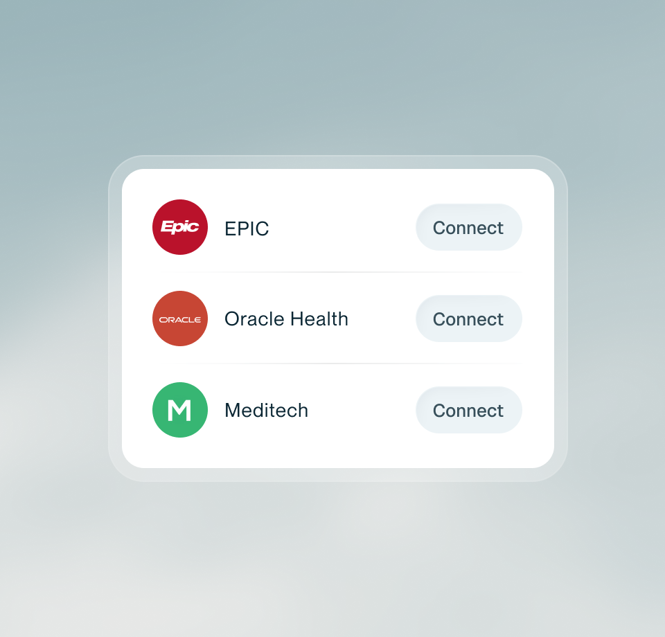 EHR integration card with Connect buttons next to EPIC, Oracle Health and Meditech.