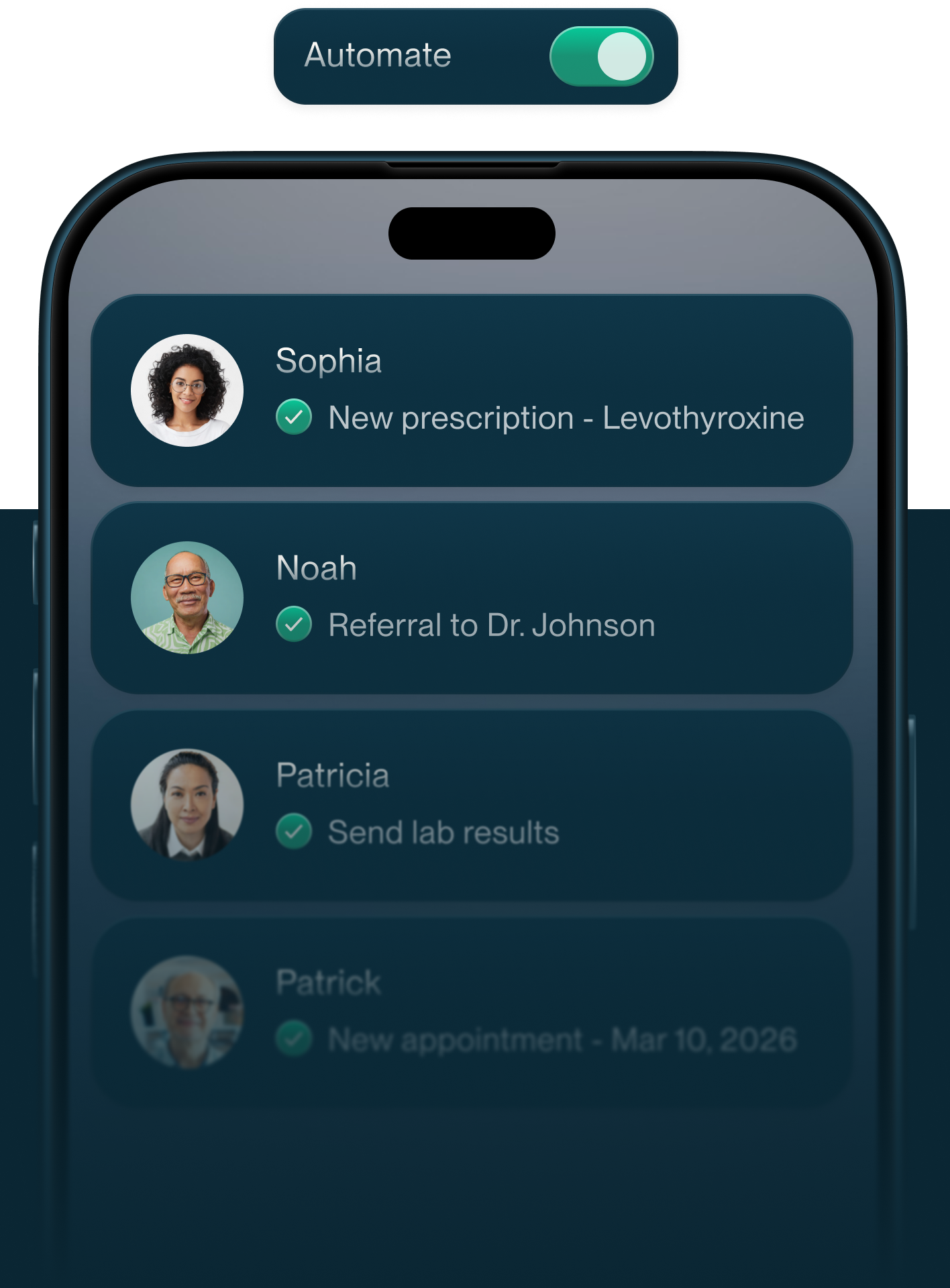 Phone mockup showing automated patient tasks: new prescription, referral, lab results and appointment.