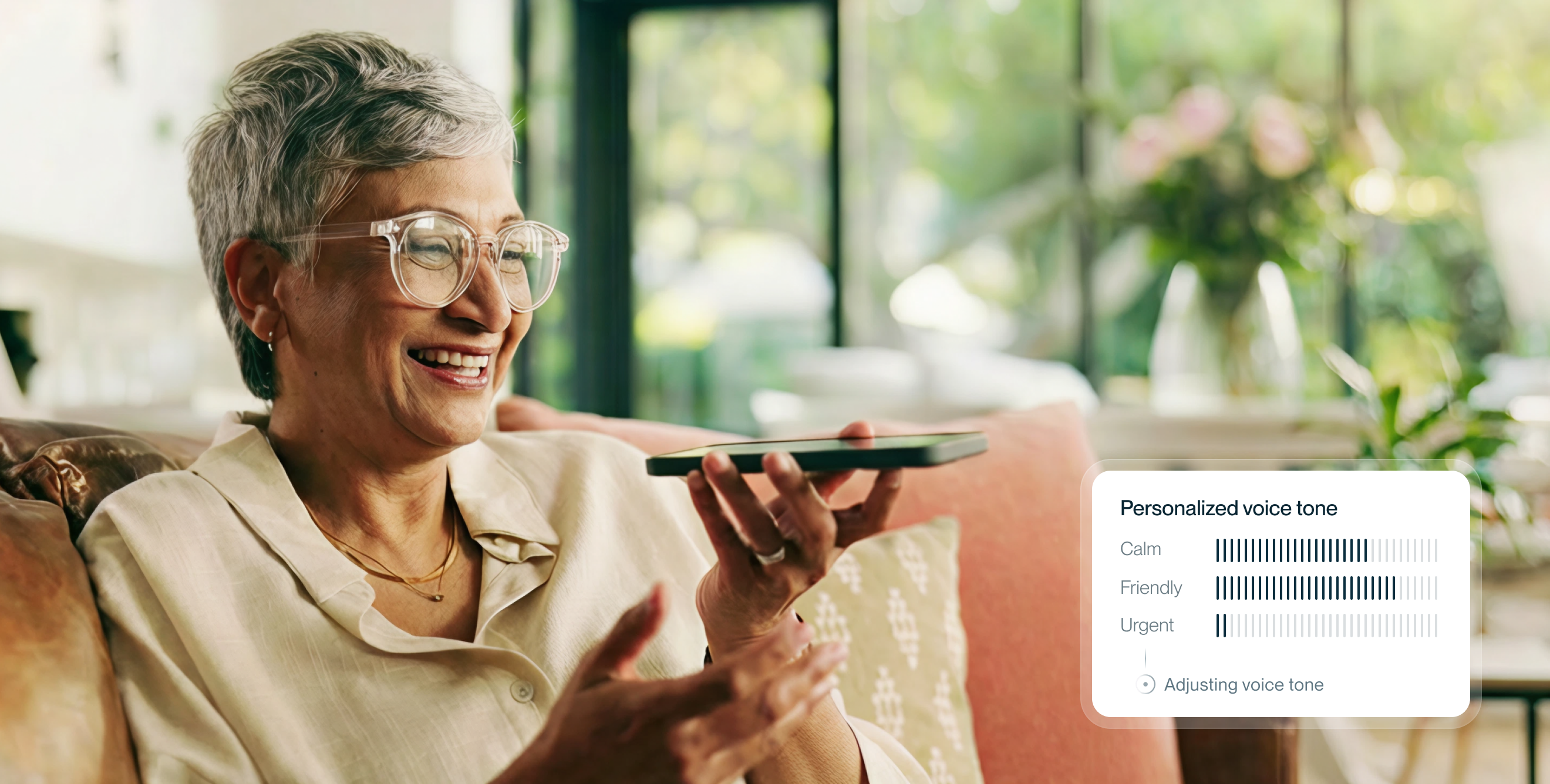 Patient on a phone call, with a Jiva voice waveform overlay and a personalized voice tone card showing Calm, Friendly, Urgent levels.
