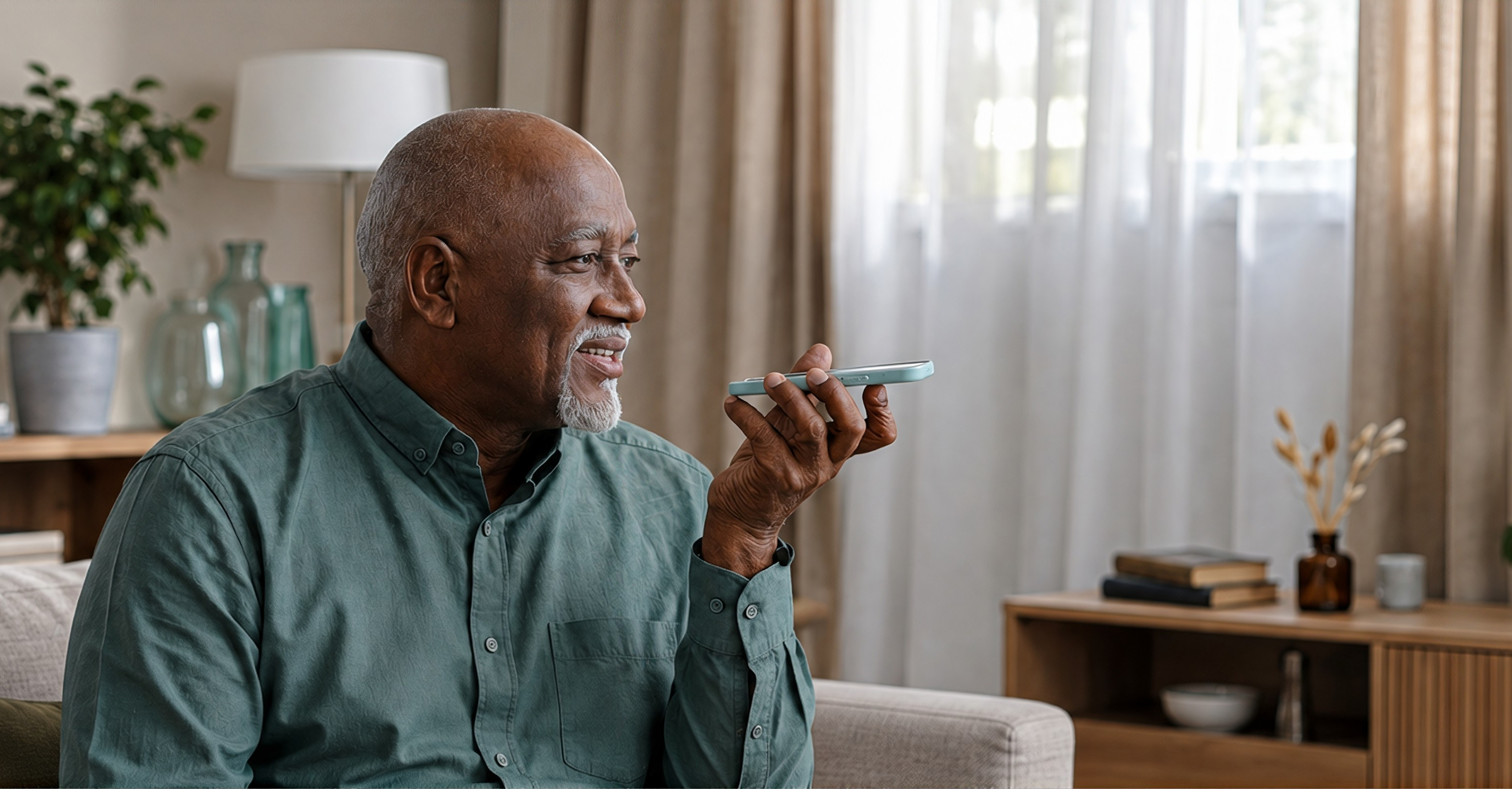 Older man smiling as he speaks to Jiva on his phone at home, with a Jiva voice conversation about a sudden headache and a triage card ranking the possible causes.